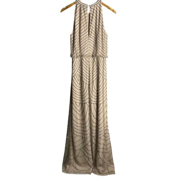 Adrianna Papell Beaded Halter Neck Blouson Maxi Dress Nude Size 8 - Picture 6 of 7